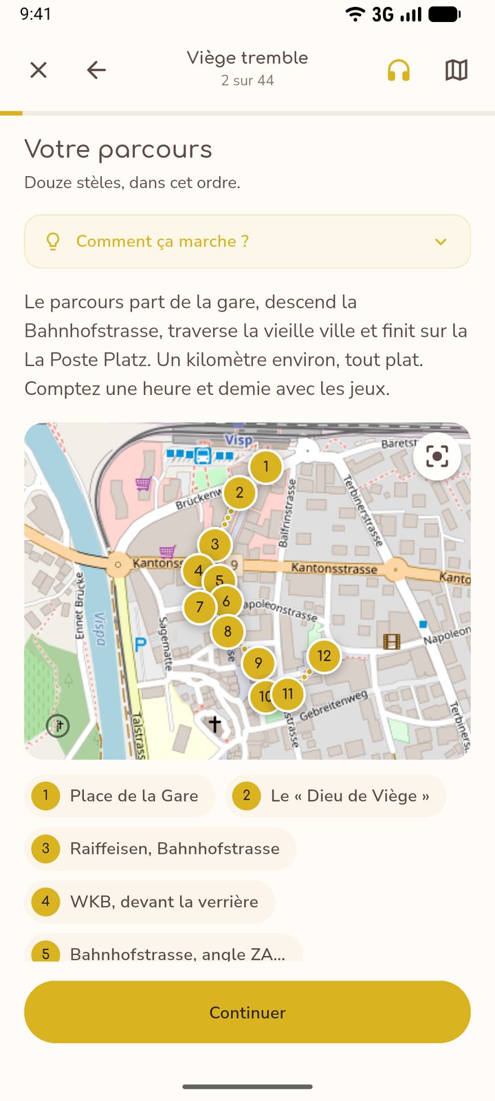 Parcours guidé : carte et étapes numérotées